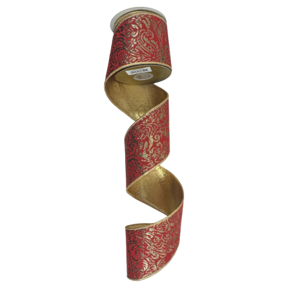 4" x 10yd Red & Gold Floral Jacquard Ribbon