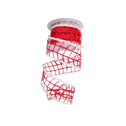 2.5" x 10yd Red Open Weave w/White Fluff Edge Ribbon