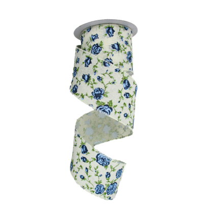 2.5" x 10y Cream Canvas w/Blue Floral Ribbon