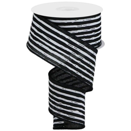 2.5" x 10yd Distressed White Horizontal Stripes on Black Ribbon