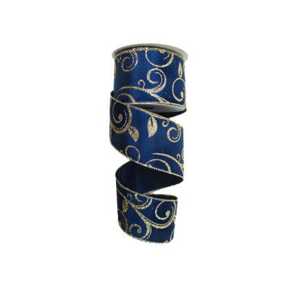 2.5"x10yd Navy with Gold Sparkle Vine Ribbon