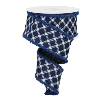 2.5"x10y White Check on Navy W/ Fluff Edge Ribbon
