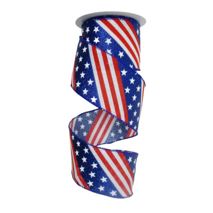 2.5" x 10yd Red & White Stripes w/Blue Sparkle & White Stars Ribbon