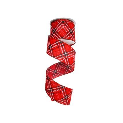 2.5" x 10yd Red, Black, & White Diagonal Plaid w/Red Glitter Ribbon