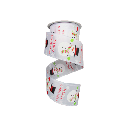2.5" x 10yd Merry Christmas w/Snowmen on White Ribbon