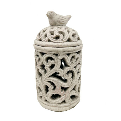 12" Terracotta Grey Distressed Lantern W/ Bird Top