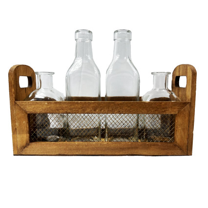 4pc Assorted Clear Glass Vases with Wooden Caddy