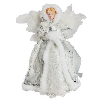 13"H Angel Tree Topper- Wht/Slvr Dress w/Fur