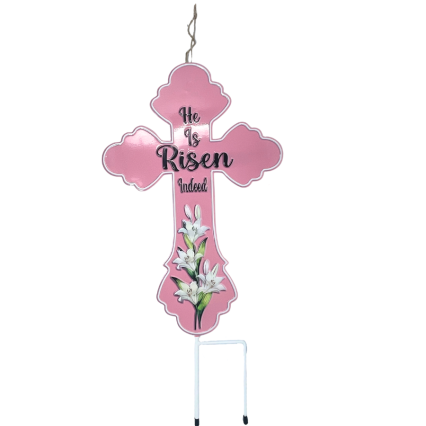 28" He Is Risen Indeed Metal Yard Stake - Pink