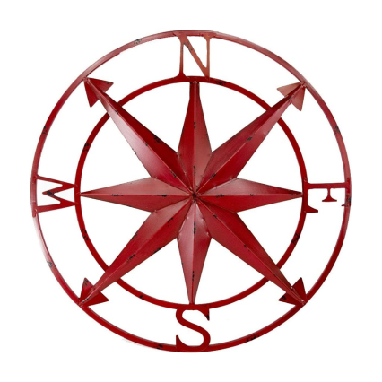 28" Distressed Metal Compass Wall Art- Red