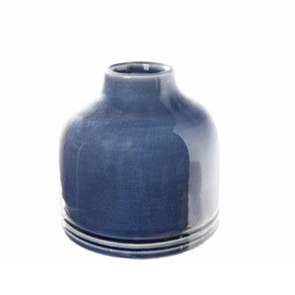 Ceramic Round Vase W/Narrow Mouth & Banded Bottom - Glossy Dark Blue