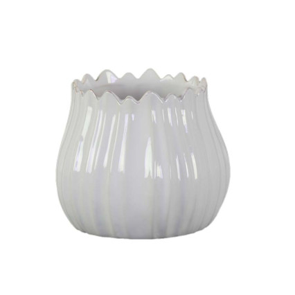 Ceramic Bellied Round Pot w/Distressed Wave Design Body - Glossy White