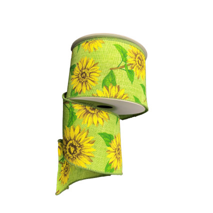 2.5"x10yd Yellow Sunflower on Green Ribbon