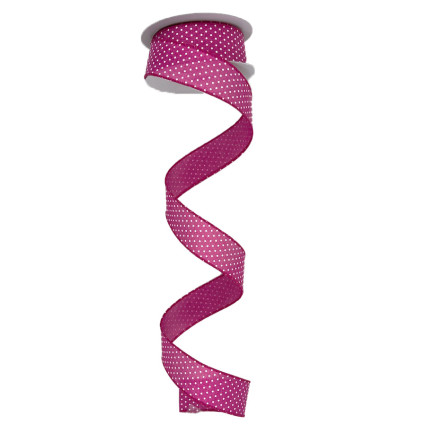 1.5" x 10yd White Polka Dots on Fuchsia Ribbon