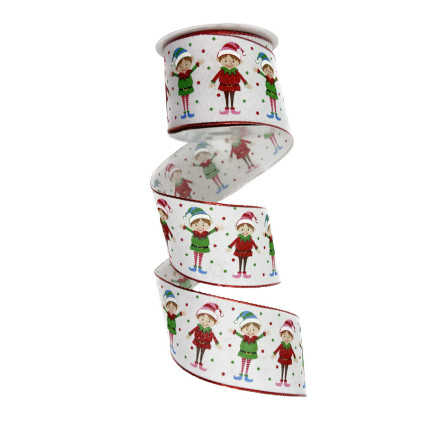 2.5"x10yd Colorful Elves & Dots on White Ribbon