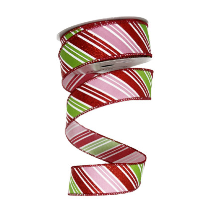1.5"x10yd Red Glitter Green Pink Diagonal Stripes Ribbon