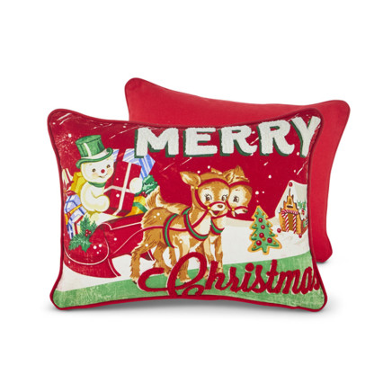 14"L Merry Christmas w/Reindeers & Snowman Pillow