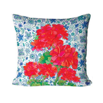 17" Geraniums with Red/Blue Floral Pillow