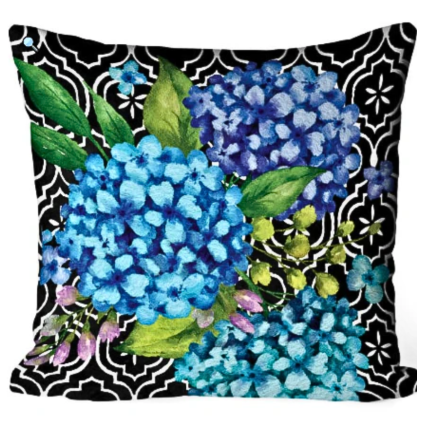 Hydrangeas on Black Outdoor Pillow