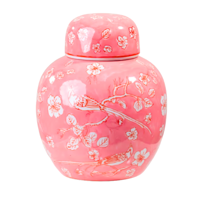 10" Pink & White Chinoiserie Ginger Jar w/ Lid