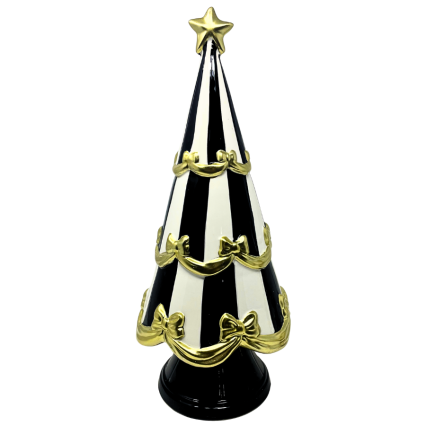14" Ceramic Black Stripe Gold Bow Tree