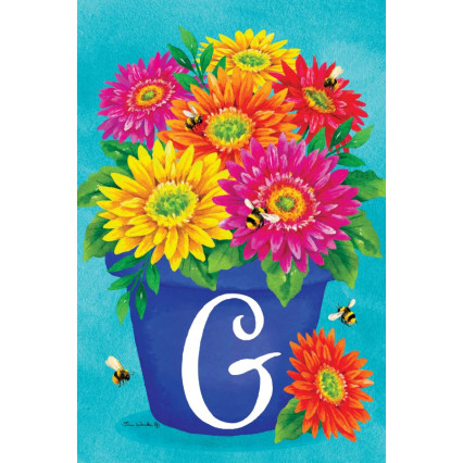 Blue Pot Gerberas Monogram Garden Flag - G