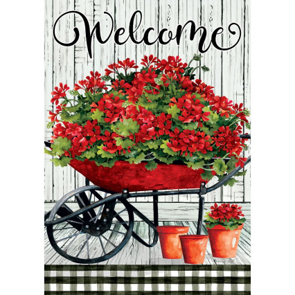 Geranium Wheelbarrow Garden Flag