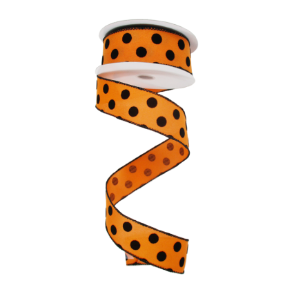1.5" x 10yd Black Velvet Polka Dots on Orange Ribbon