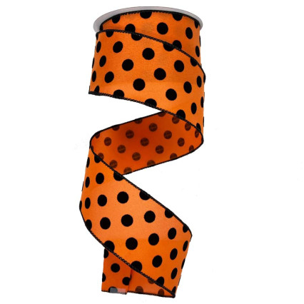 2.5" x 10yd Black Velvet Polka Dots on Orange Ribbon