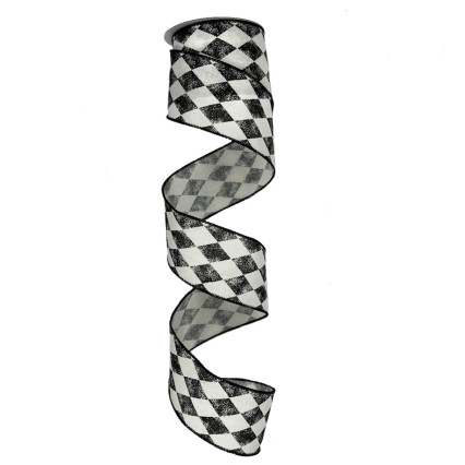 2.5" x 10yd Black & Ivory Faded Diagonal Diamond Ribbon