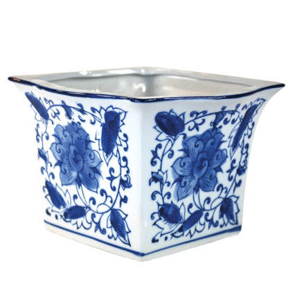 5.5" Floral Square Planter - Blue & White