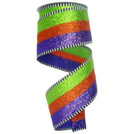 2.5" x 10yd Horizontal Stripe Glittered Lime, Orange, & Purple Ribbon