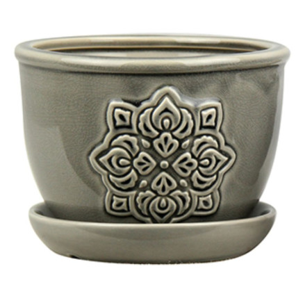 6" Mini Medallion Planter with Attached Saucer - Gray