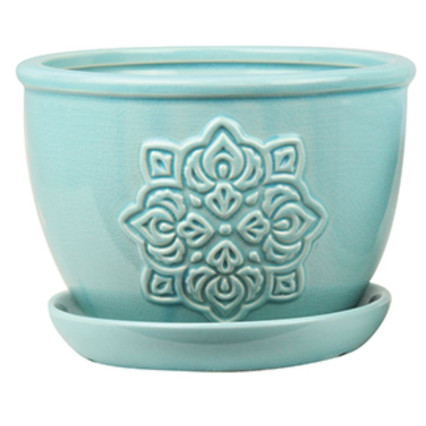 6" Mini Medallion Planter with Attached Saucer - Aqua