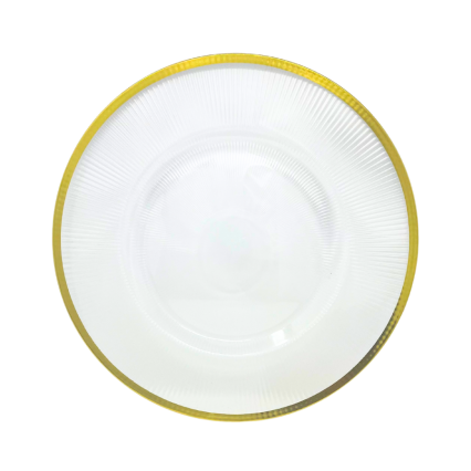 13" Rnd Clear Ribbed Charger Plate w/ Gold Trim