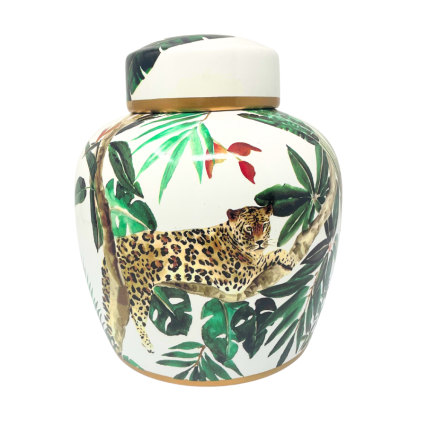 9.5" Porcelain Leopard Ginger Jar w/ Lid