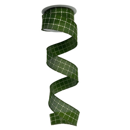 1.5" x 10yd White Thin Square Stitching on Green Ribbon