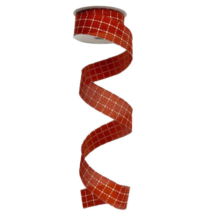 1.5" x 10yd White Thin Square Stitching on Orange Ribbon
