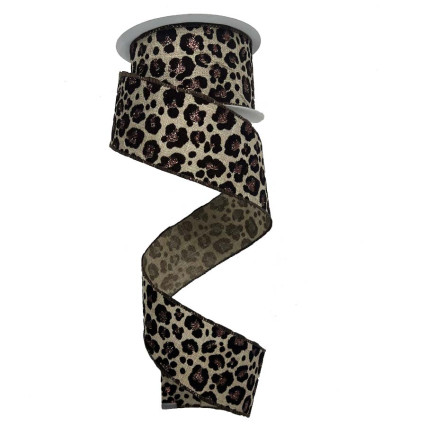 2.5" x 10yd Brown Leopard w/Glittered Velvet Spots Ribbon