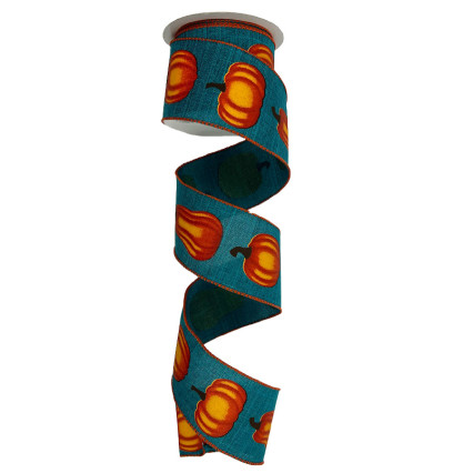 2.5" x 10yd Orange Pumpkins on Turquoise Ribbon