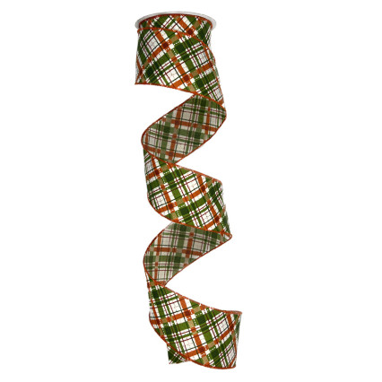 2.5" x 10yd Orange, Green & White Diagonal Plaid Ribbon