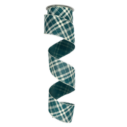 2.5" x 10yd Teal & Cream Diagonal Plaid Ribbon