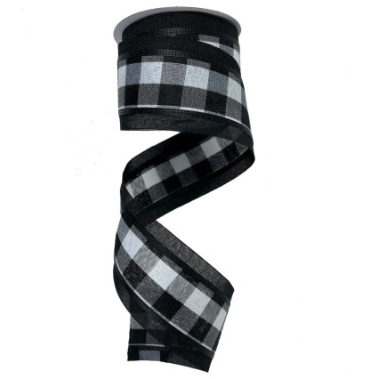 2.5" x 10yd Black & White Plaid Center on Black Ribbon