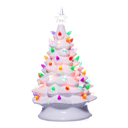 16"H Glazed White Ceramic Light Up Tree