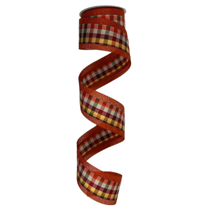 2.5" x 10yd Burgundy, Yellow, Orange & Teal Checks w/Rust Edge Ribbon