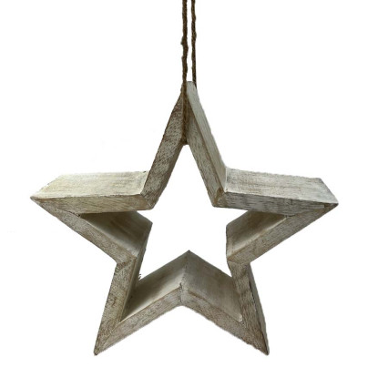 7" Wood Star Ornament-Whitewash