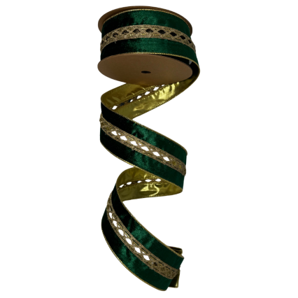 2.5" x10yd Gold Criss-Cross on Green Velvet