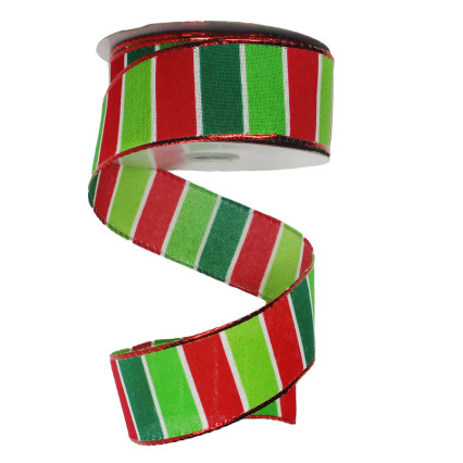 1.5" x 10yd Green, Red, Lime & White Vertical Stripe Ribbon