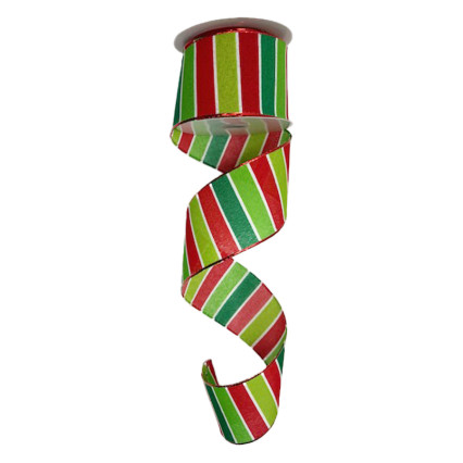 2.5" x 10yd Red Lime Green Diagonal Striped Ribbon