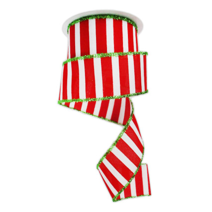 2.5"x10yd Red & White Vertical Stripes w/Green Glitter Edge Ribbon